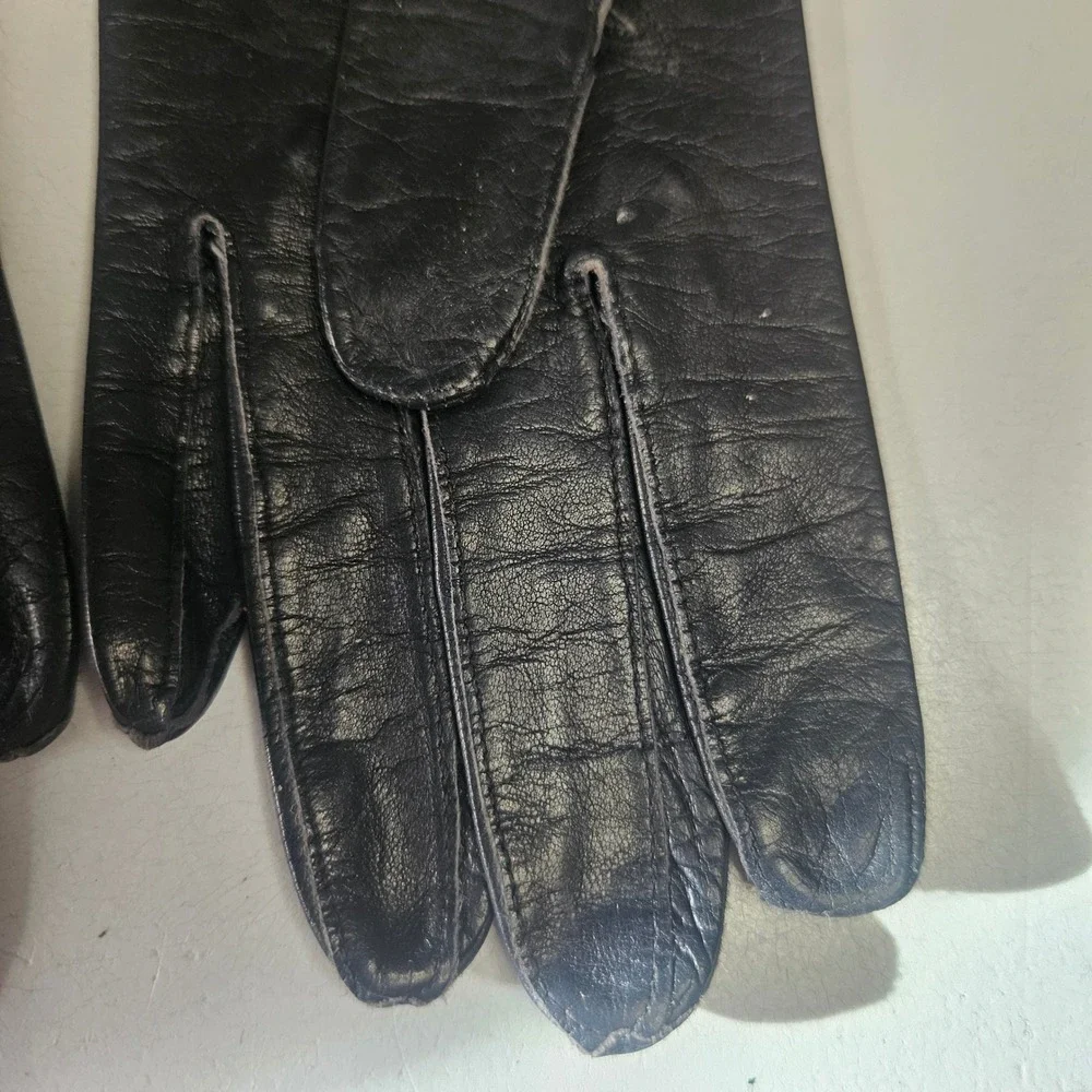 Vintage Black Leather Crown Scalloped Wrist Gloves EU 50 Gothic Regal 50s 60s